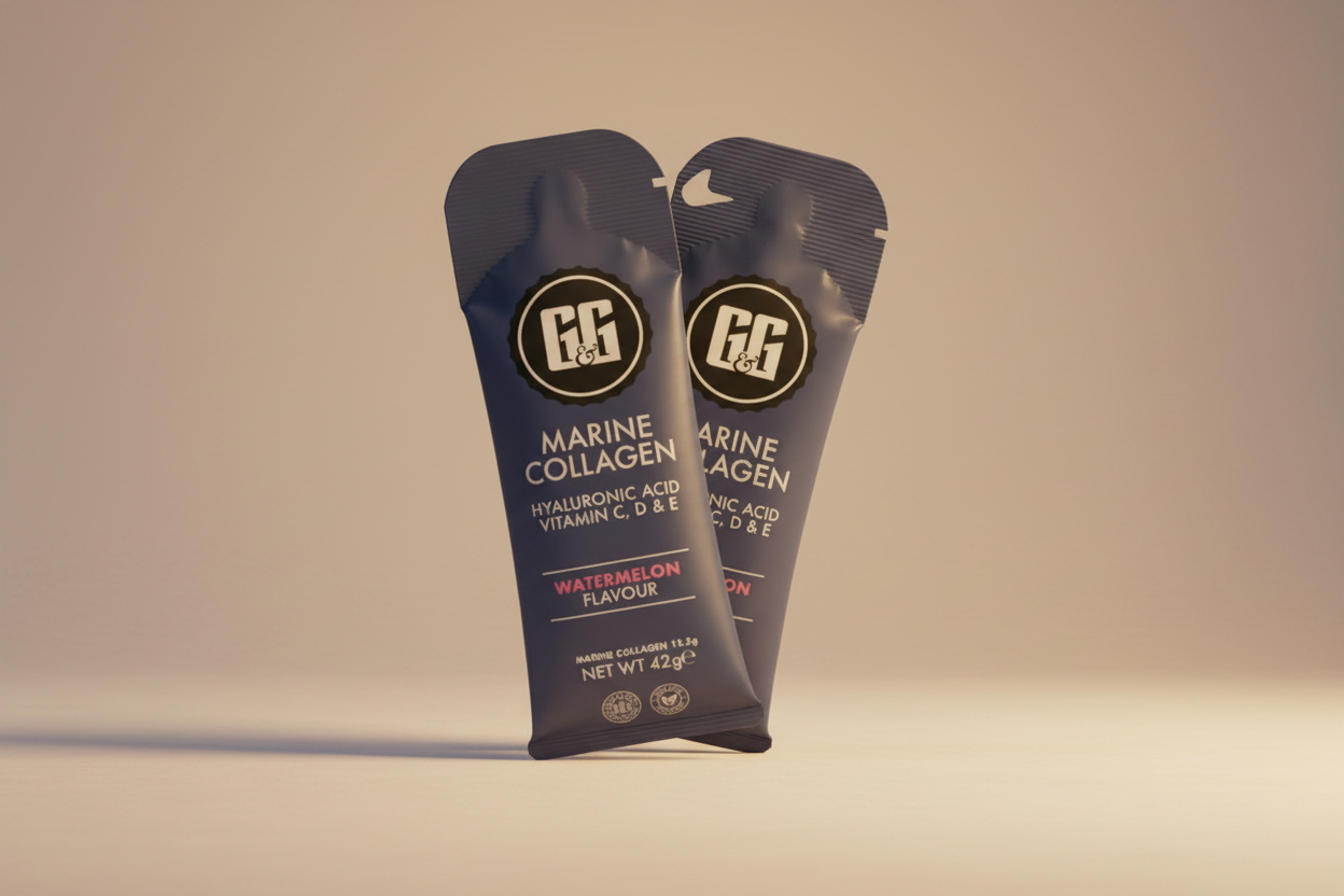 Two blue packets of marine collagen with G&G logo on a white background