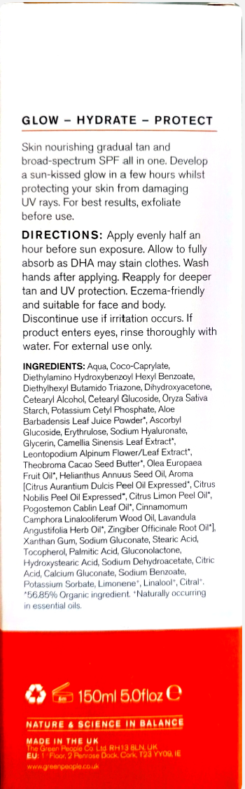 A product information card for GLOW - Hydrate - Protect SPF 30 sunscreen, featuring product details, directions, ingredients, and a 'Nature & Science in Balance' badge.