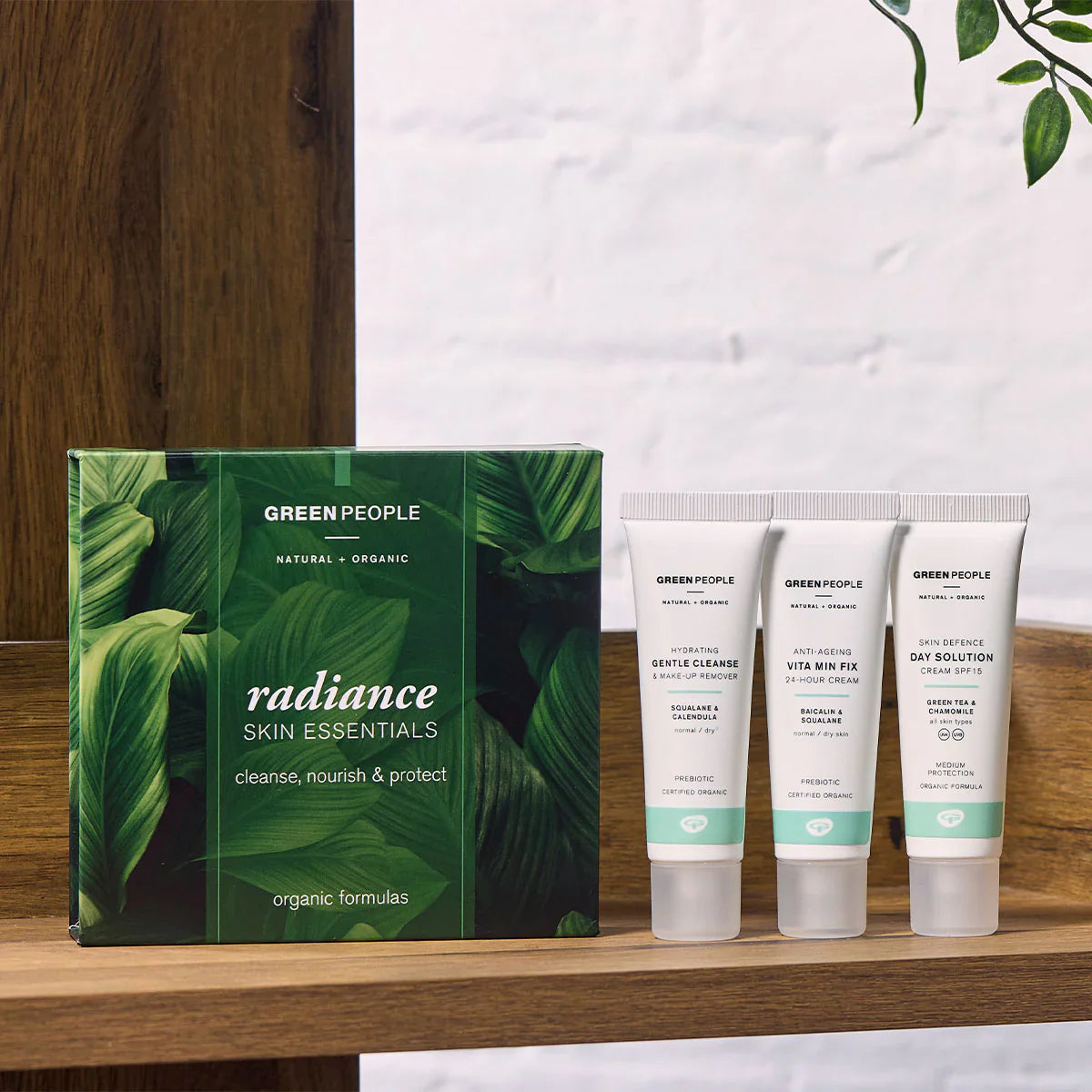 Green People Radiance Skin Essentials packaging with three 30ml skincare products.