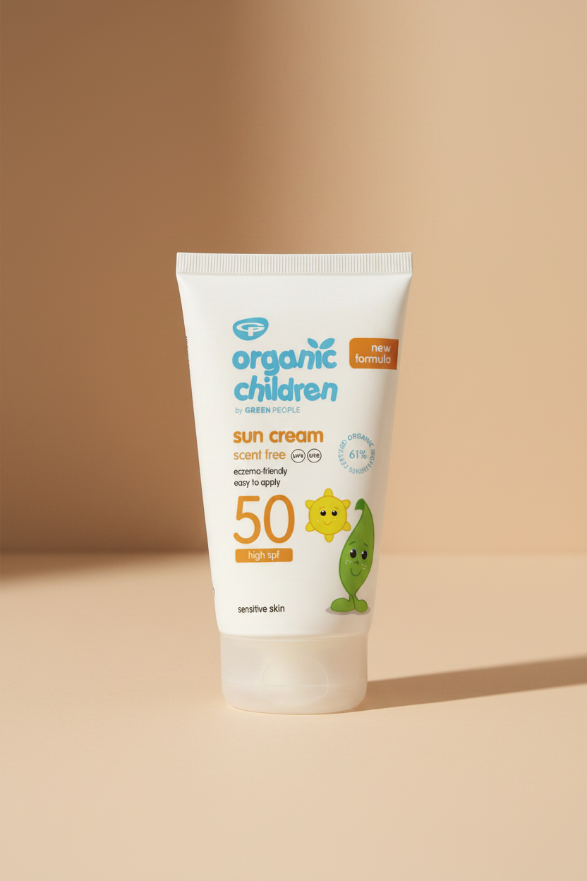 Tube of Organic Children sun cream on a white background