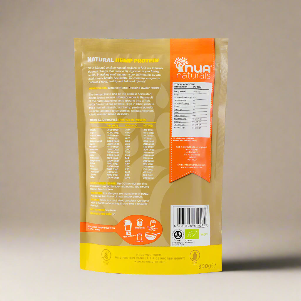 Scoop of organic hemp protein powder on wooden background