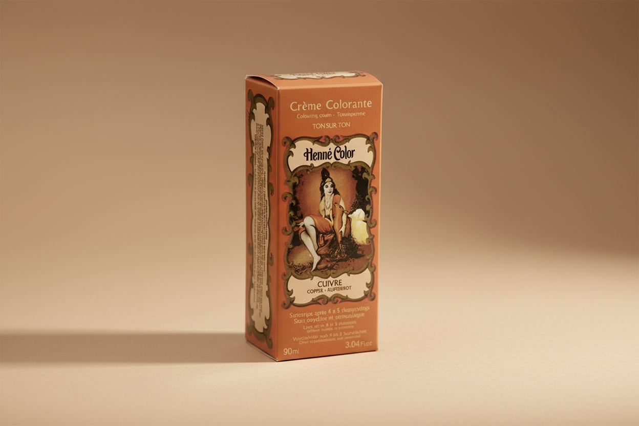 Box of Henne Color crème colorante with a woman's face on the label