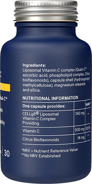 Key ingredients of Natroceutics Vitamin C + Bioflavonoids – Quali-C™ vitamin C, citrus bioflavonoids, and Cellg8™ liposomal technology.