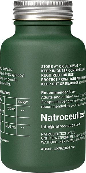 Key ingredients of Natroceutics Ashwagandha – Withania somnifera extract with 35% withanolides in a vegan-friendly formula.