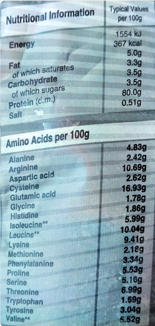 A close-up of a nutrition label showing Nutritional Information and Amino Acids per 100g, with a light blue-gray striped background.