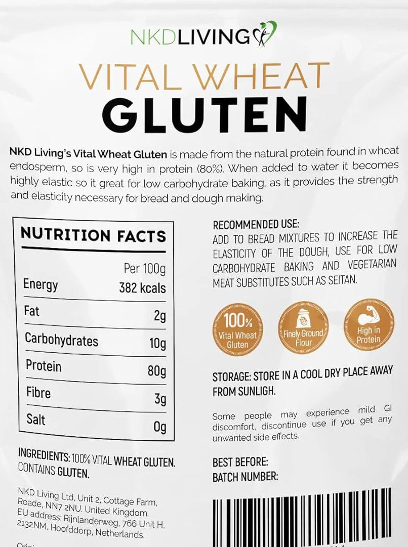 Package of NKO Living Vital Wheat Gluten with nutritional information and branding details.