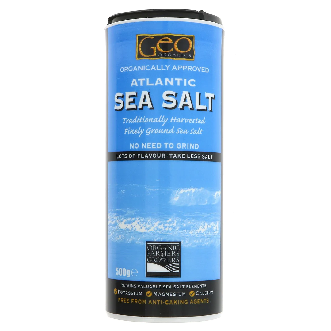 Atlantic Fine Ground Organic Sea Salt in a 500g container, perfect for gourmet and everyday cooking.