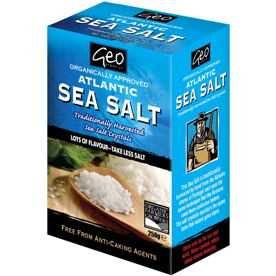 "Atlantic Sea Salt Crystals (Organic) in a 500g container, perfect for grinders and gourmet cooking."