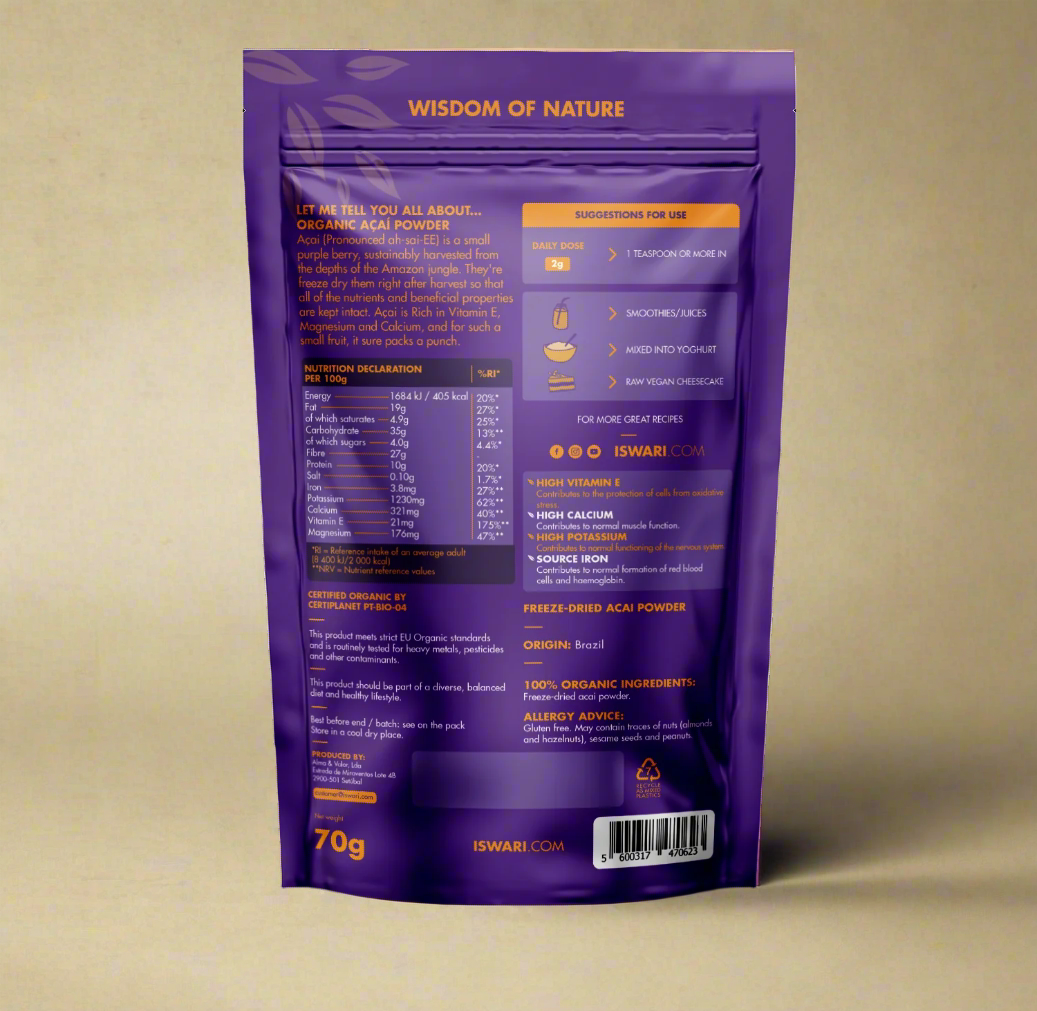 Nutritional information and label of Iswari Açaí Powder 70g