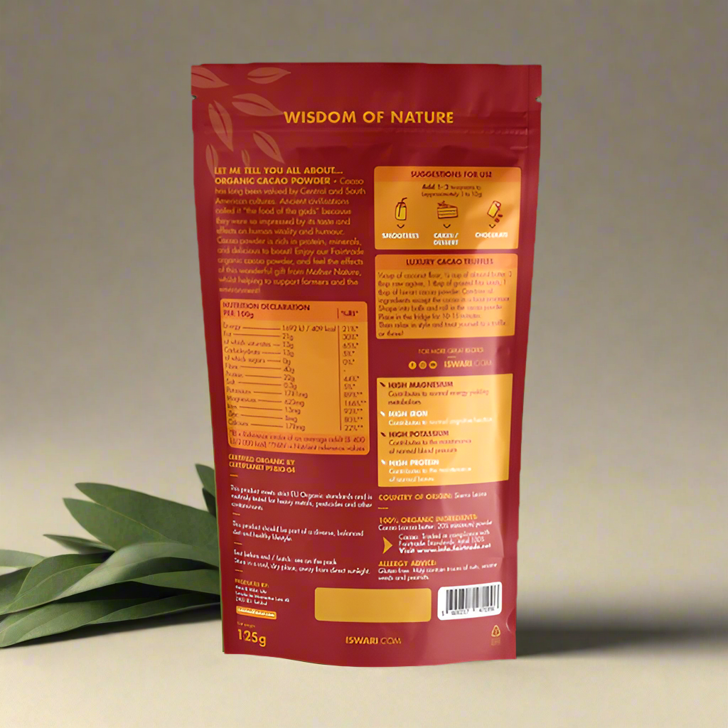 Organic Cacao Powder Ingredients and Nutrition – 125g