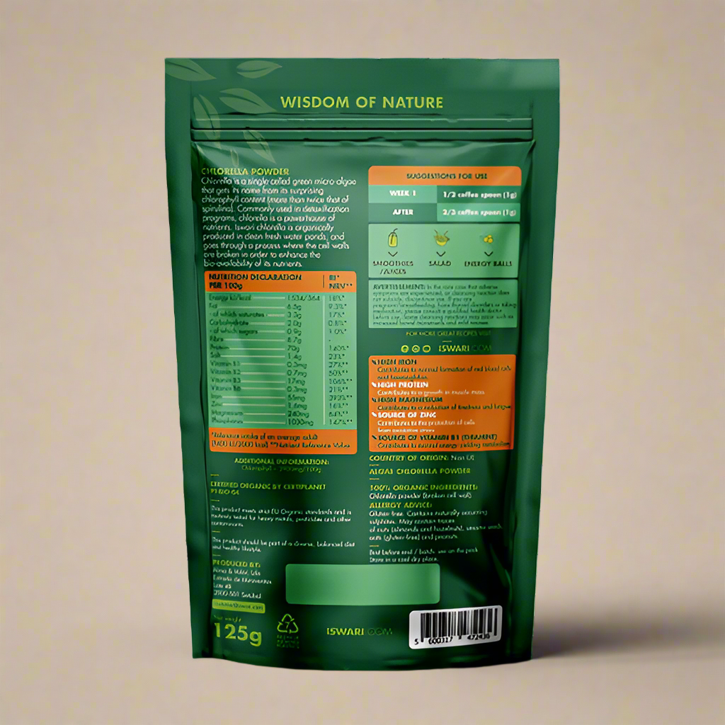 Nutritional info and packaging of Iswari Chlorella Powder 125g