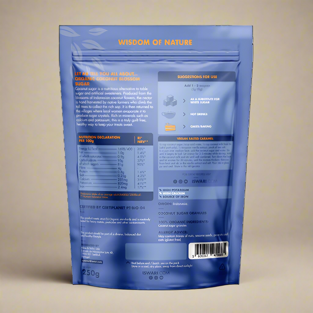 Ingredients and label of Iswari Coconut Sugar Organic 250g