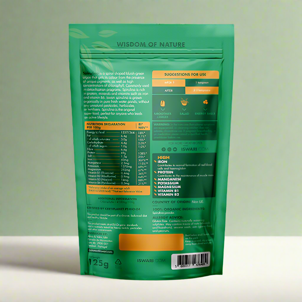 Organic Spirulina Nutritional Information and Ingredients – 125g