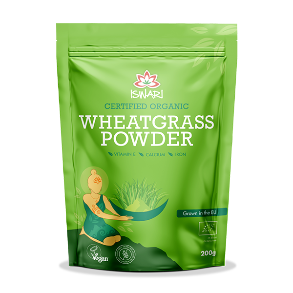 Iswari Wheatgrass Powder 200g – Front of Product Pouch