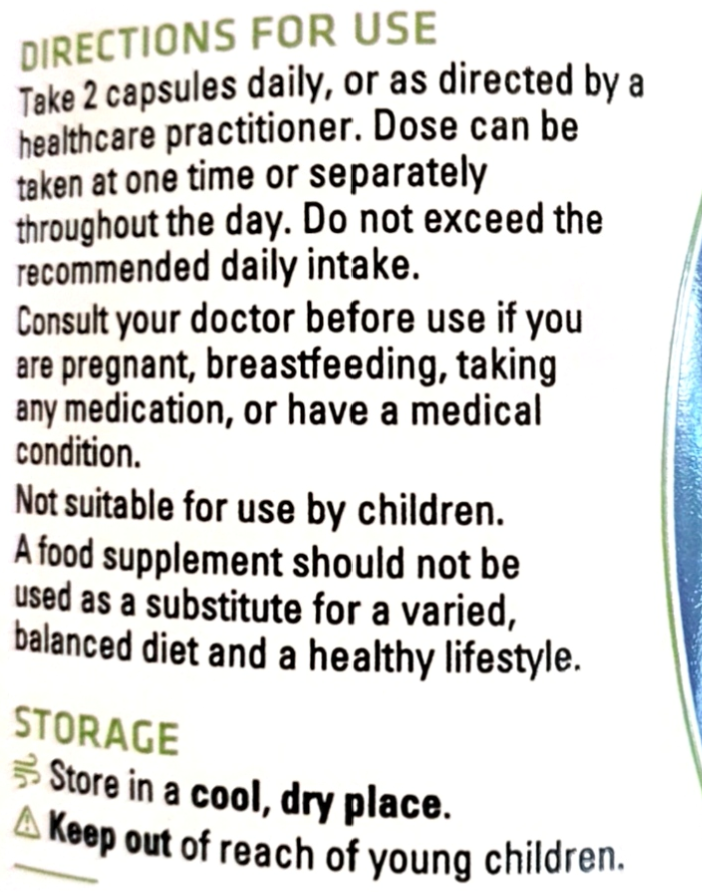 Close-up of a supplement package showing usage directions and storage instructions in black text with green headings on a white background.