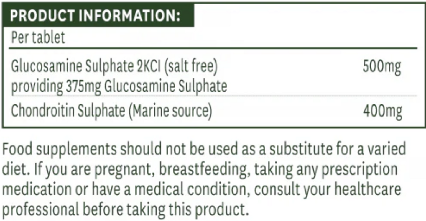 Product information label for glucosamine and chondroitin supplements with dosage details.