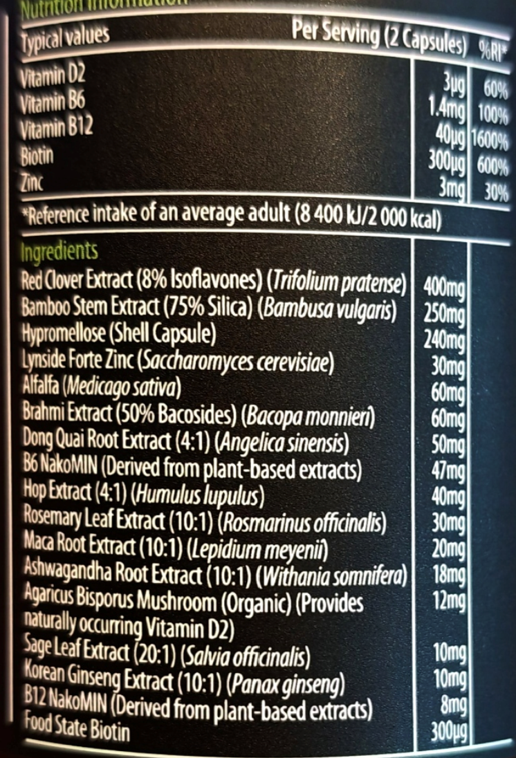 A close-up of a supplement bottle's black label showing nutritional information and ingredients in white text, including B vitamins, zinc, and extracts like red clover and bamboo stem.