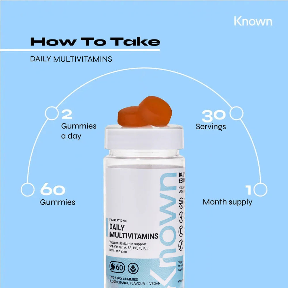 "Diagram showing how to take Known Daily Multivitamin Gummies VEGAN, including dosage and daily intake recommendations."