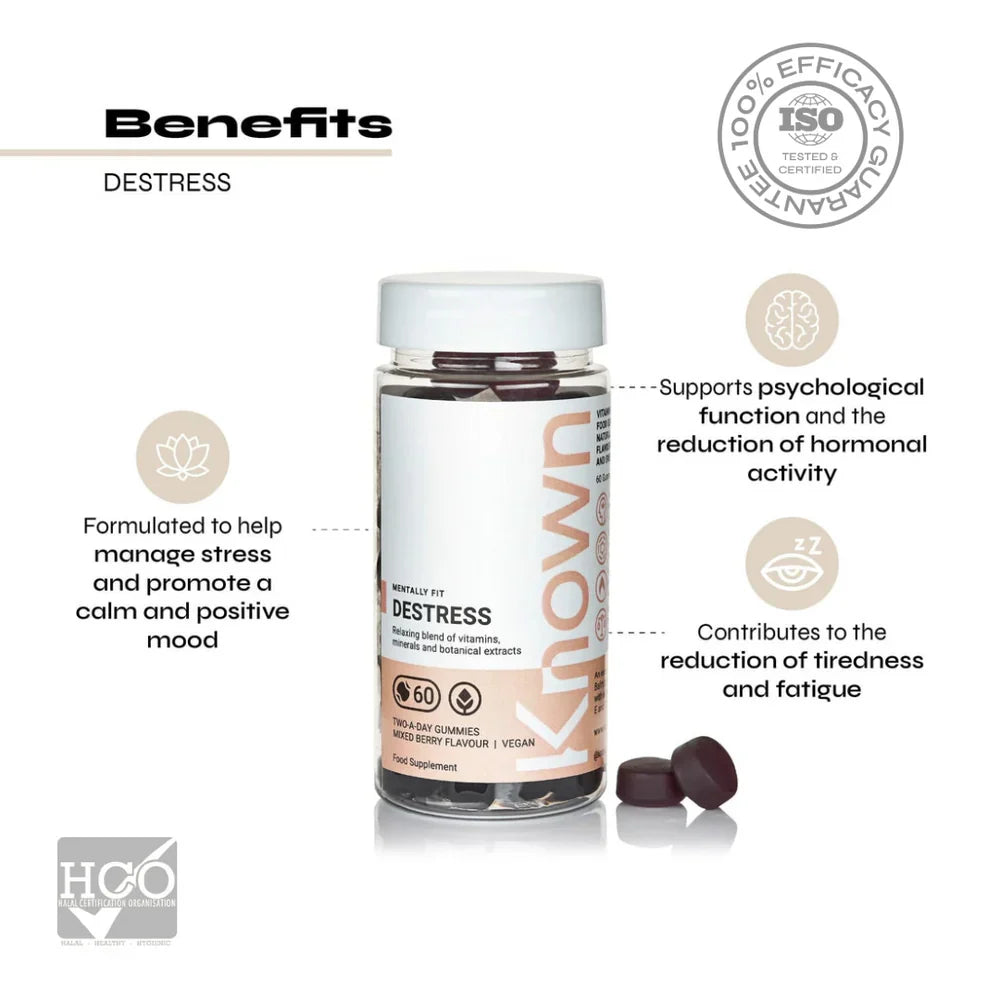 "Known Destress Gummies VEGAN bottle highlighting