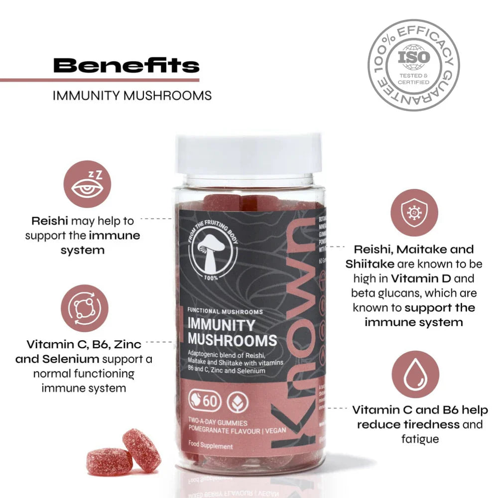 "Known Immunity Mushrooms Gummies VEGAN bottle highlighting the benefits of Reishi, Maitake, and Shiitake mushrooms with Vitamin C, B6, Zinc, and Selenium."