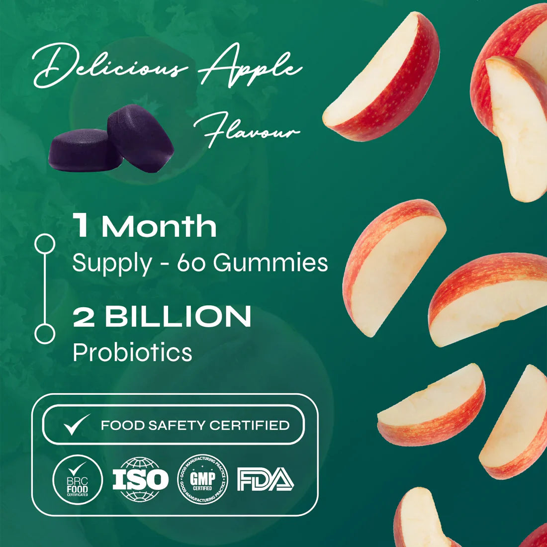 "Known Kombucha Gummies VEGAN bottle surrounded by fresh apples, emphasizing the delicious natural flavor."