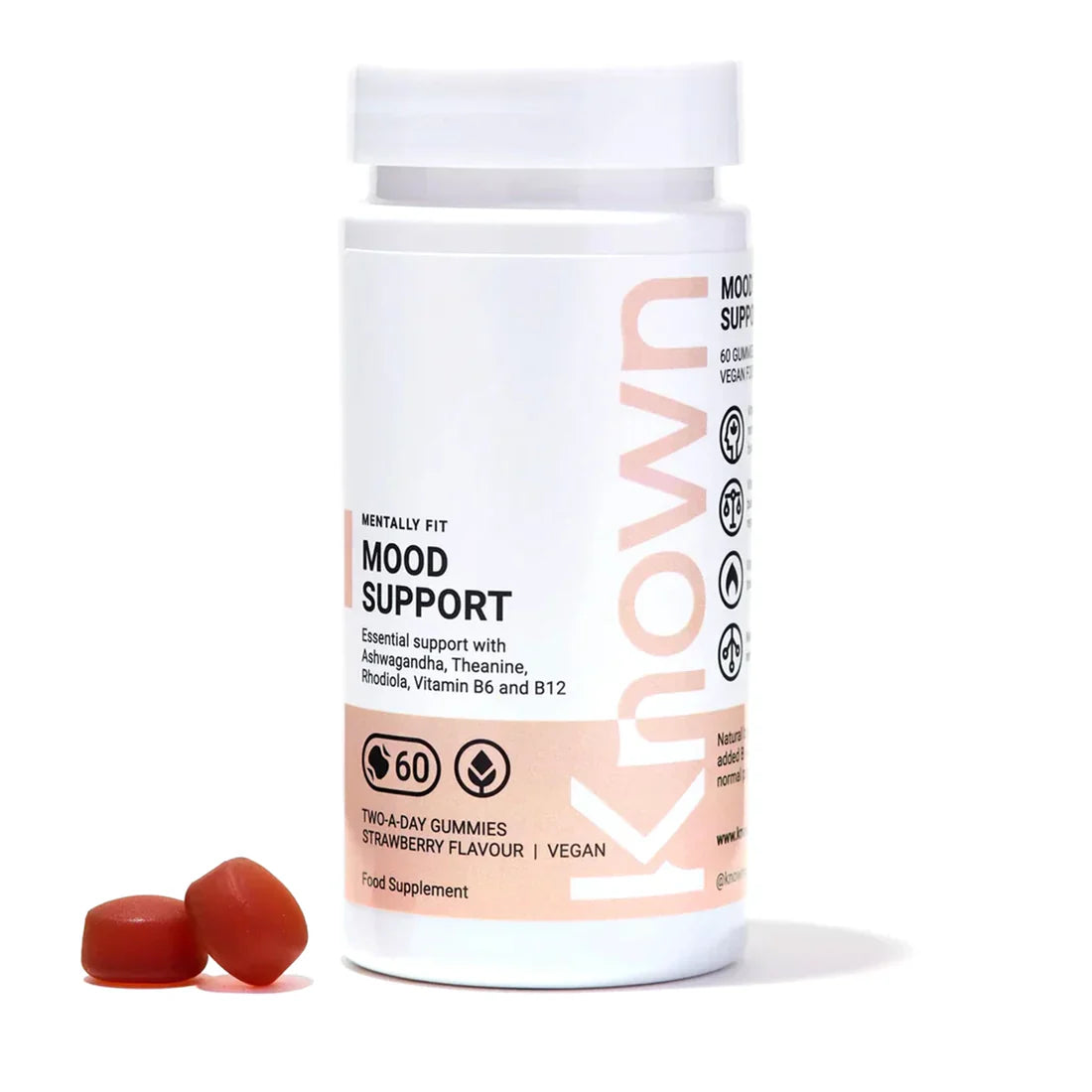 "Front view of Known Mood Mushrooms Gummies VEGAN, 60-count bottle with a couple of gummies around it."