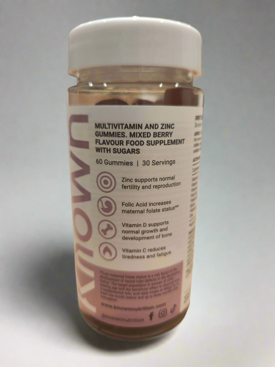 "Side label view of the Known Pregnancy Support Gummies VEGAN bottle, highlighting the main benefits of key ingredients like folic acid, vitamin D, and zinc."