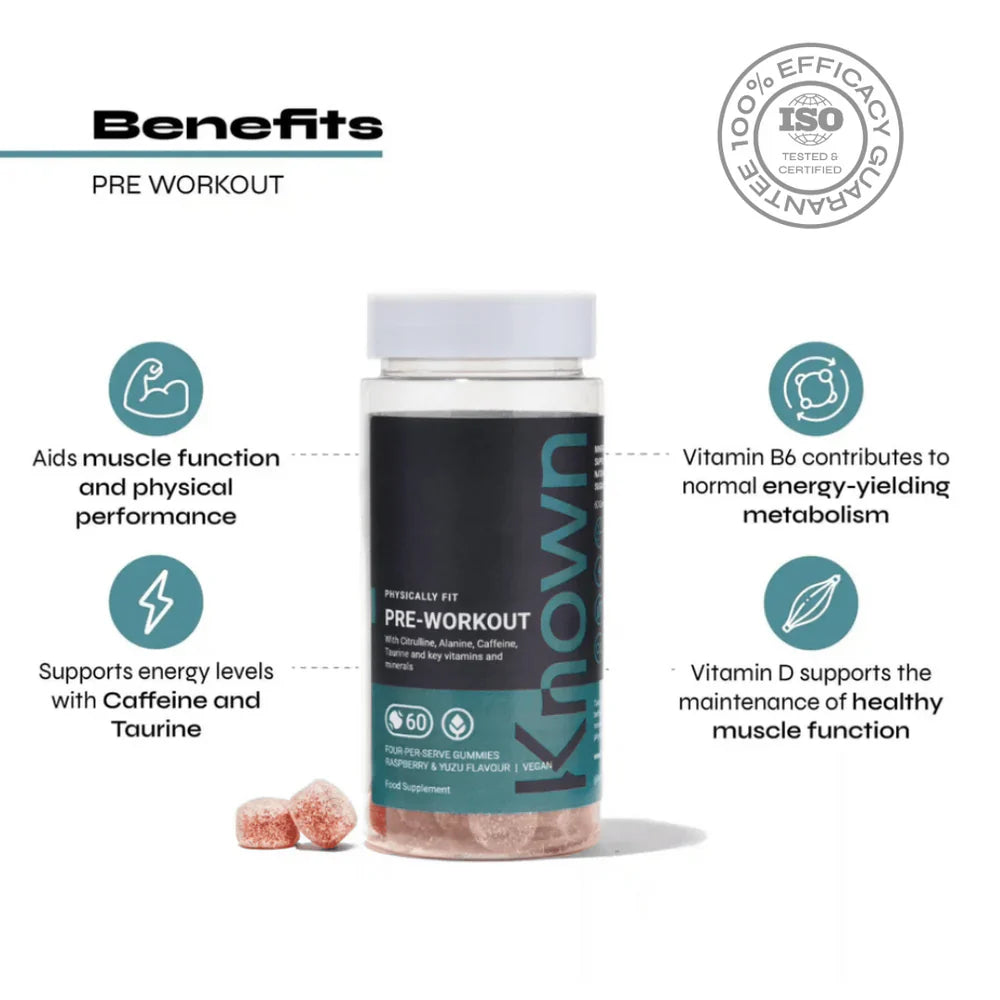 "Known Pre-Workout Gummies VEGAN bottle highlighting "