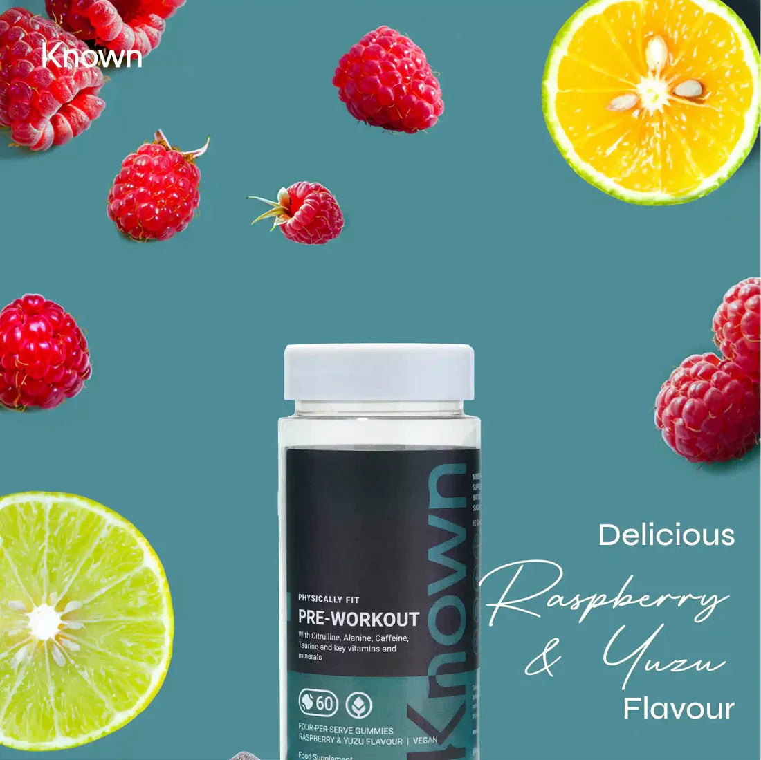 "Known Pre-Workout Gummies VEGAN bottle surrounded by fresh raspberries and yuzu fruits, emphasizing the delicious natural flavor."