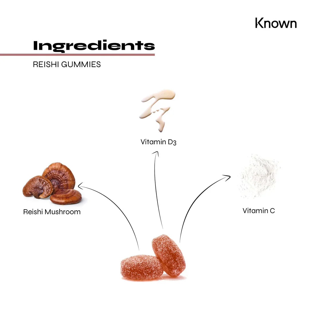 "Diagram showcasing all ingredients in Known Reishi Gummies VEGAN, including Reishi Mushroom, Vitamin E, and Vitamin D."