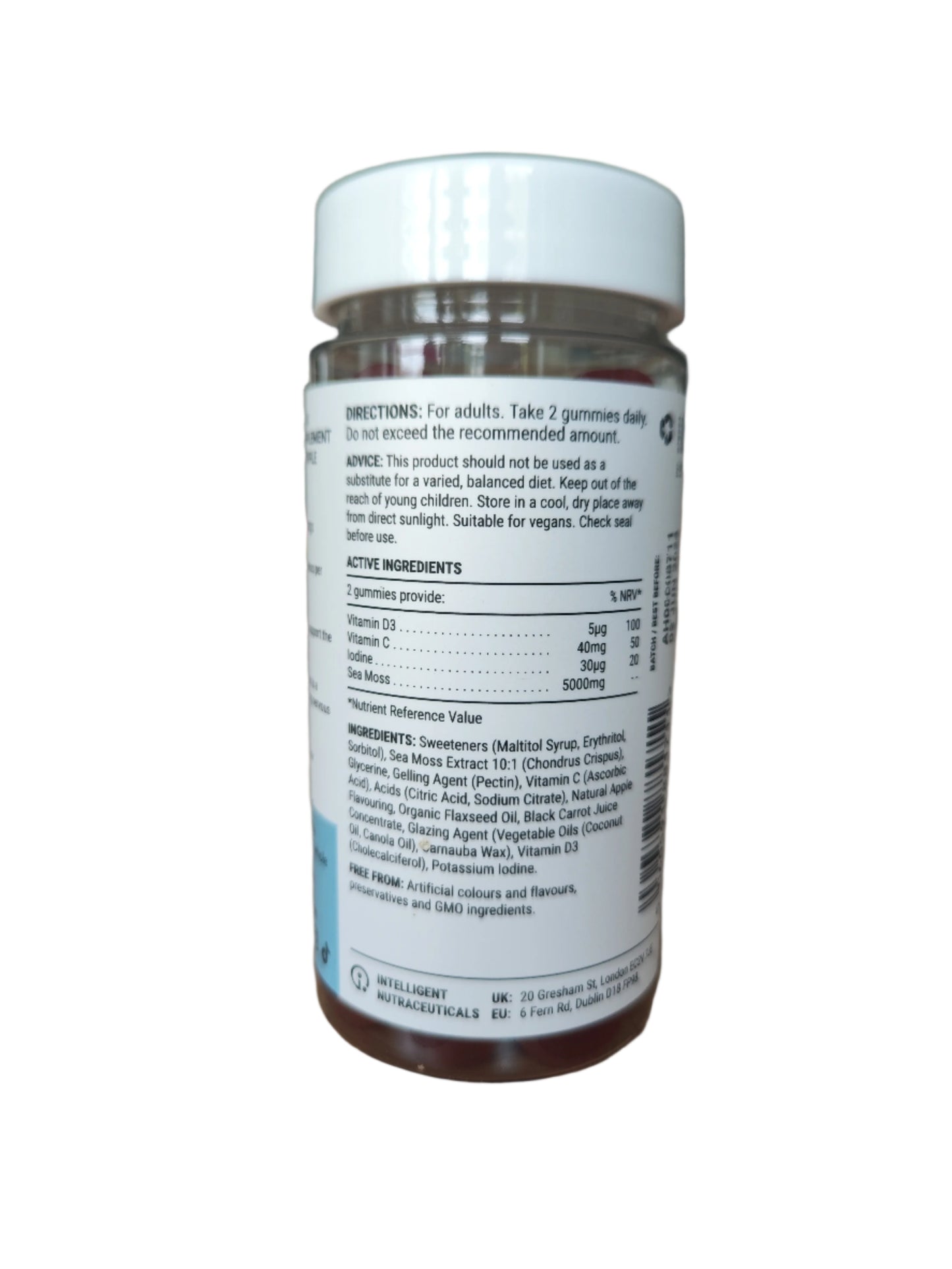 Front view of Known Sea Moss Gummies VEGAN, 60-count bottle with a couple of gummies around it-7