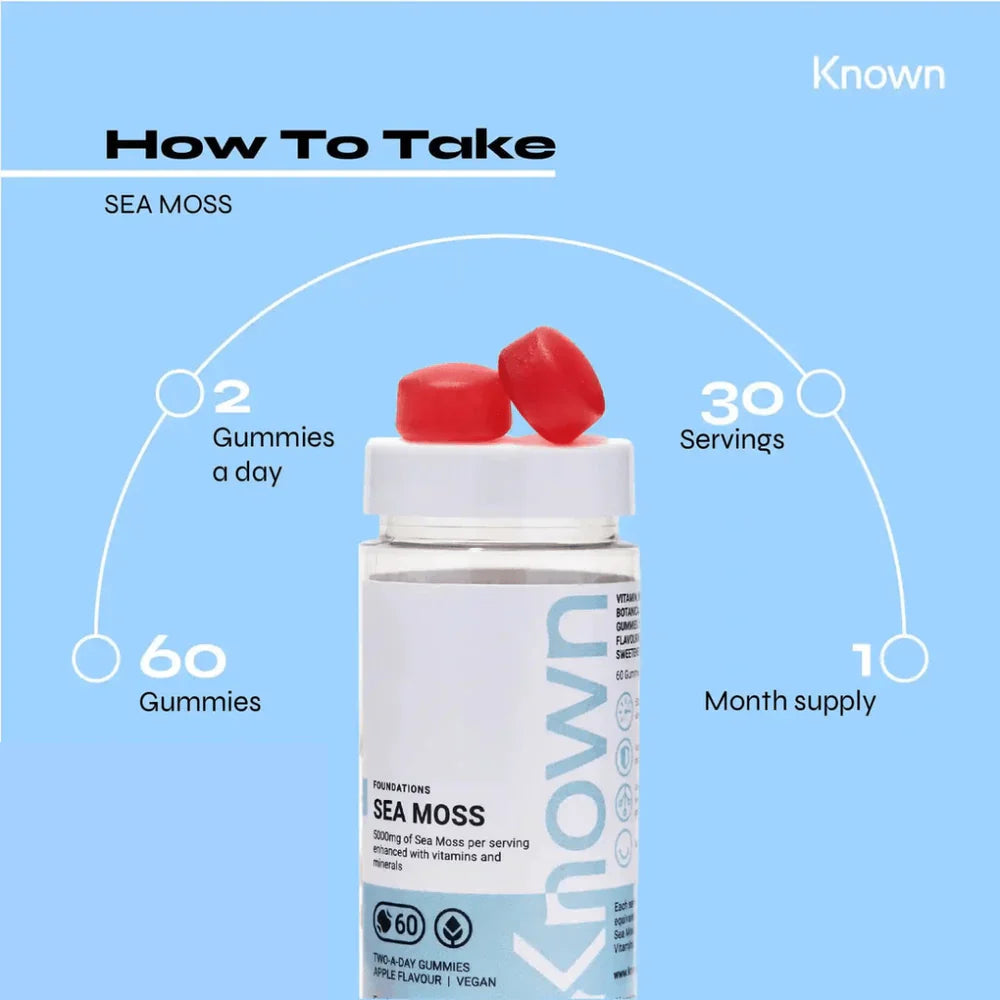 "Diagram showing how to take Known Sea Moss Gummies VEGAN, including dosage and daily intake recommendations."