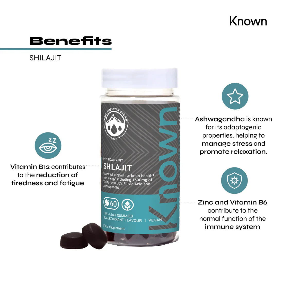 "Known Shilajit Gummies VEGAN bottle highlighting