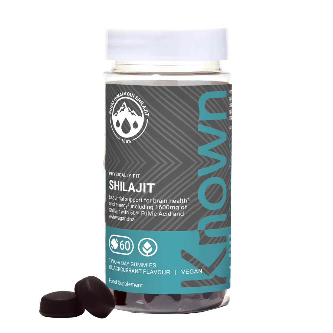 "Front view of Known Shilajit Gummies VEGAN, 60-count bottle with a couple of gummies around it."