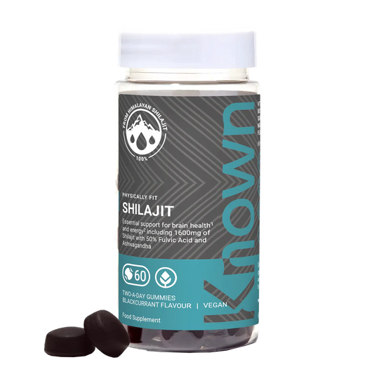 "Front view of Known Shilajit Gummies VEGAN, 60-count bottle with a couple of gummies around it."