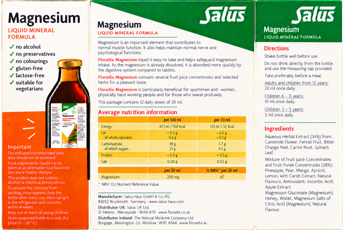 Salus Magnesium Liquid Mineral – 250ml — complete readable product label