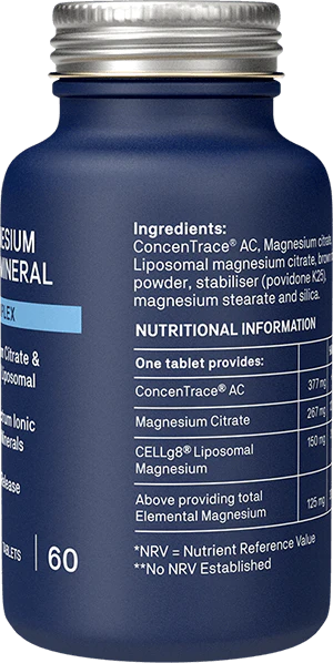 ingredients of Natroceutics Magnesium Complete – liposomal magnesium, magnesium citrate, and 72-trace minerals in a vegan-friendly formula.