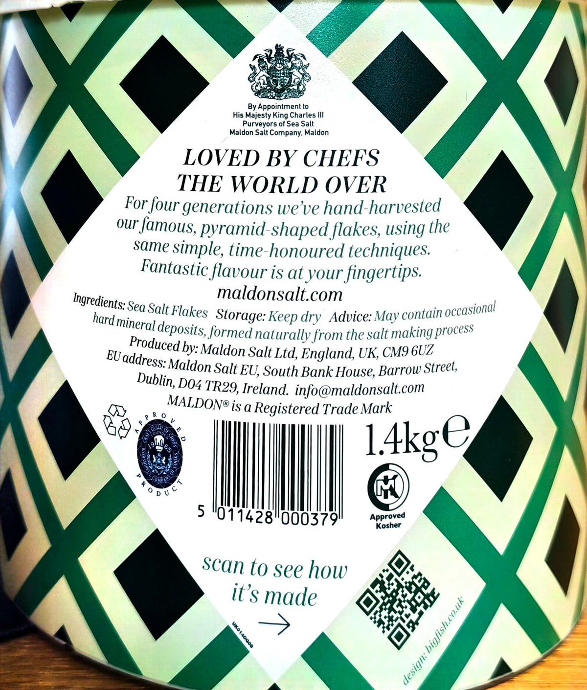 Maldon Sea Salt Flakes 1.4kg ingredients and storage label