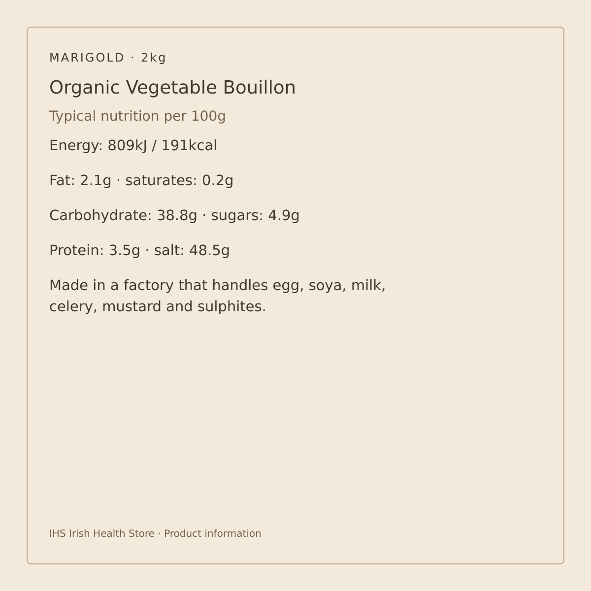 Marigold Organic Vegan Vegetable Bouillon Powder – 2kg – nutrition per 100g and allergen information