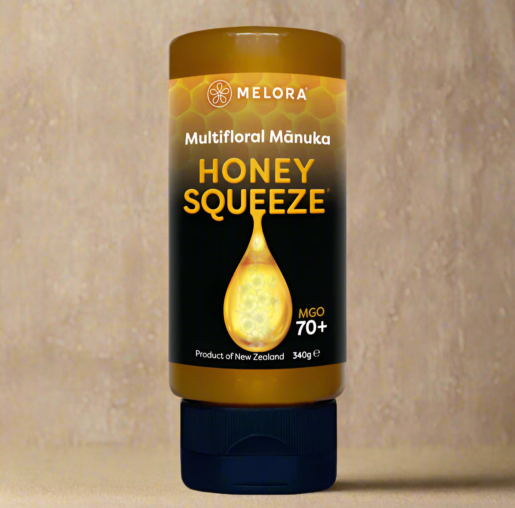 Melora Manuka Honey 70+ MGO Squeeze 330g in a convenient bottle