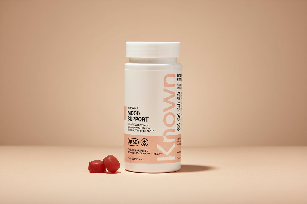 "Front view of Known Mood Support Gummies VEGAN, 60-count bottle with a couple of gummies around it."