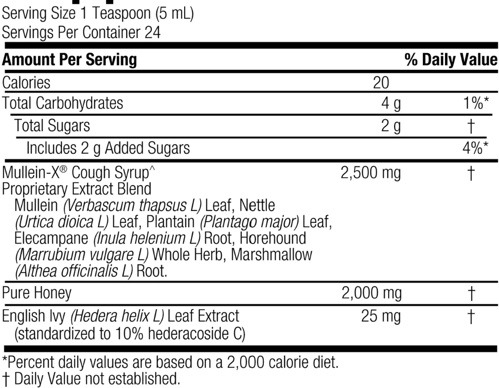 A black-and-white nutrition facts label for Mullein-X Cough Syrup, showing serving size, calories, total carbohydrates, sugars, and ingredient amounts including Mullein, Pure Honey, and English Ivy.