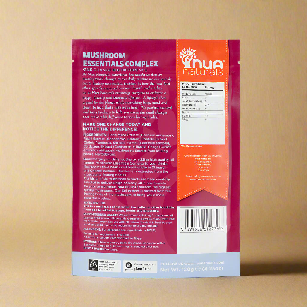 Nua Naturals mushroom supplement package with text and branding on a white background