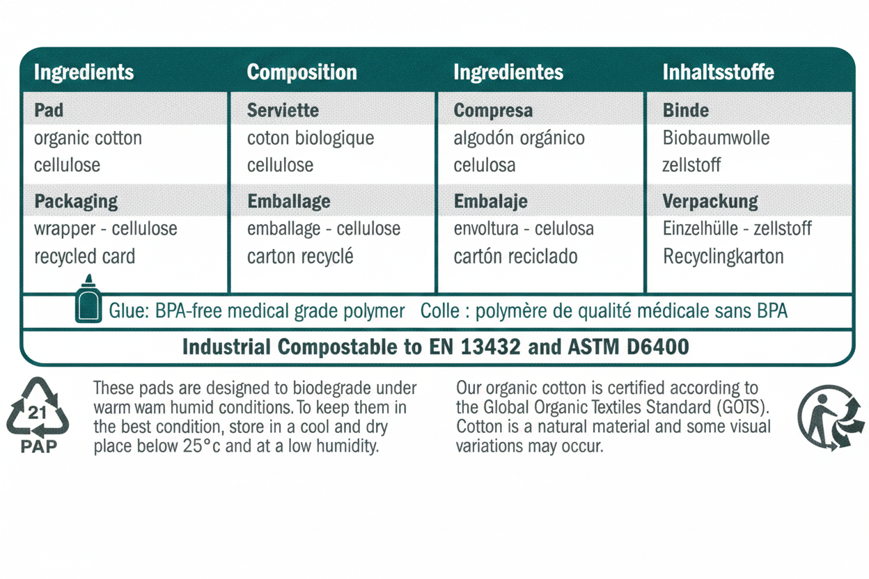 A square informational chart in English, French, and German detailing the composition and biodegradability of industrial cotton padding pads. The chart features a grid with columns for 'Ingredients', 'Composition', and 'Inhaltsstoffe', listing organic cotton cellulose, recycled card, and BPA-free medical grade polymer.