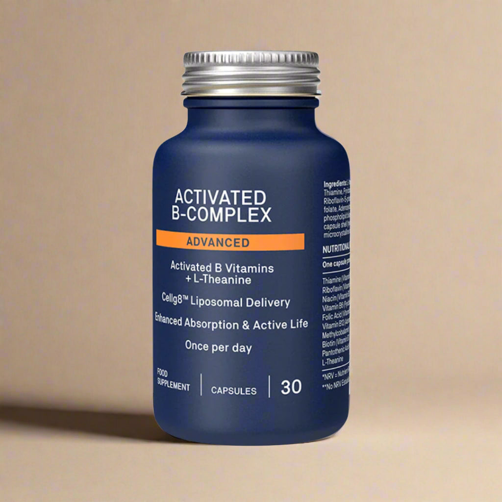 Natroceutics Activated B-Complex Advanced – 30 Capsules, featuring methylated B-vitamins and liposomal L-theanine for high absorption.