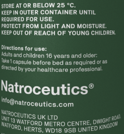 Natroceutics product label with directions and contact information on a green background
