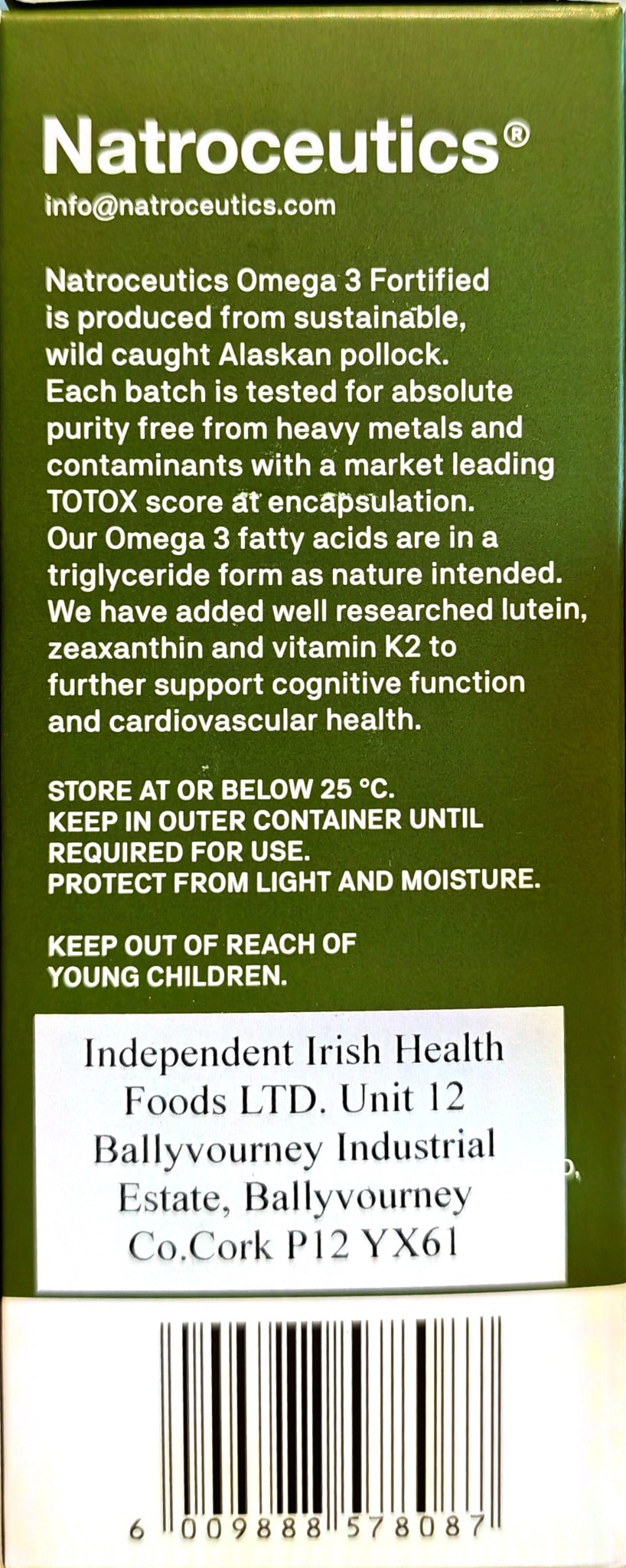Natroceutics Omega 3 Fortified carton with fish oil sourcing, storage instructions and barcode