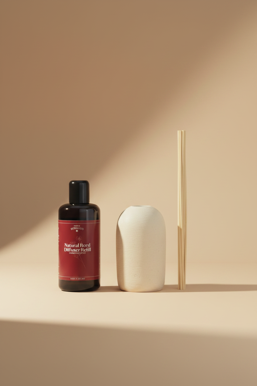 A bottle of Herbalis Natural Reed Diffuser Refill next to a cream-colored fabric diffuser sponge, with wooden Reed sticks on the right, all arranged on a dusty rose background with the text 'FROM NATURE TO NEST'.