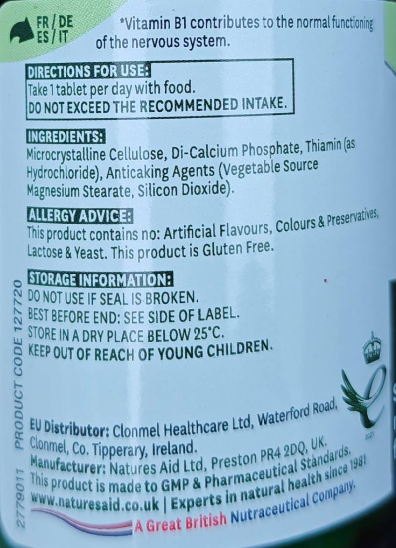 Product label with directions, ingredients, and storage information.
