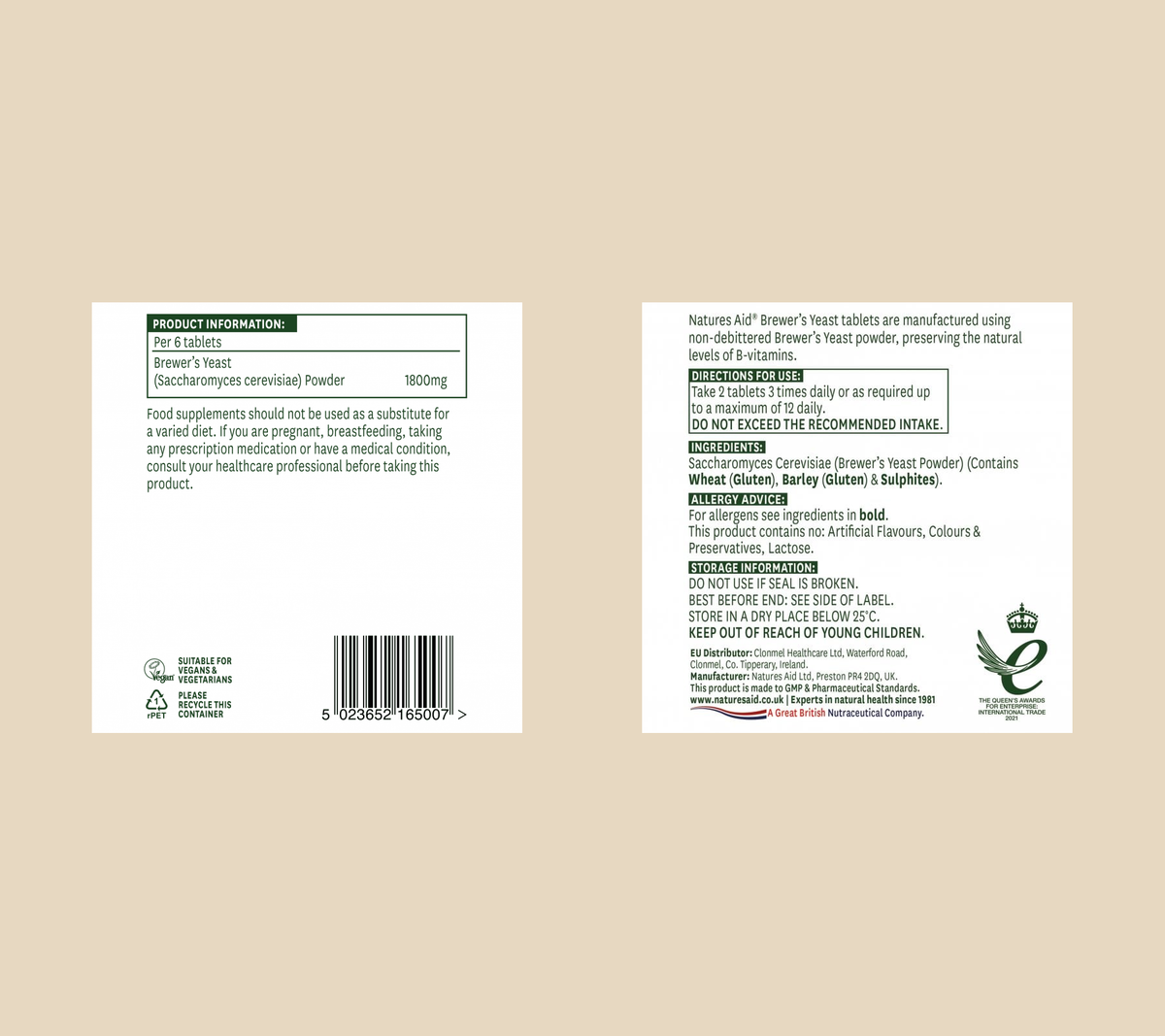 Natures Aid Brewer’s Yeast 300mg 500 Tablets manufacturer label information